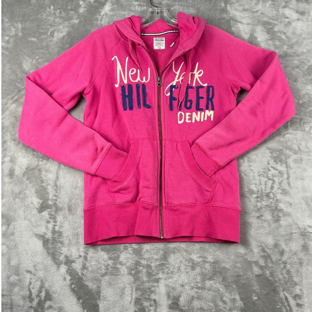 Tommy Hilfiger Denim Pink Full Zip Hoodie New York Graphic Fleece Sweatshirt M